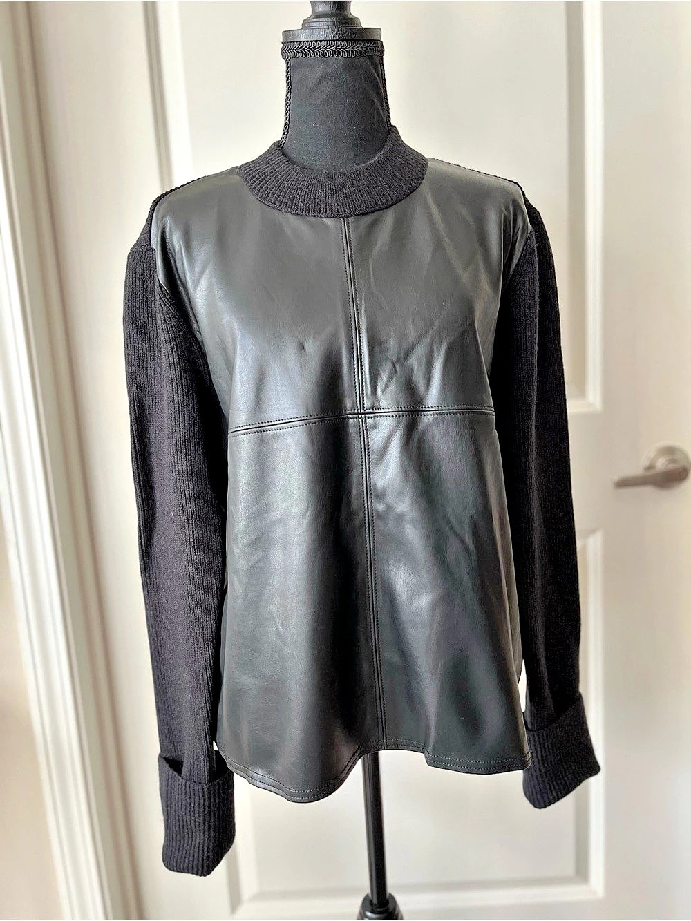 Ann Taylor Black Faux Leather and knit Combination Sweater NWT